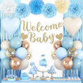 Dusty Blue Baby Shower Decorations for Boy,Welcome Baby Banner with Sand White Champagne Gold Balloons Fringe Curtains Paper Pom Poms Flowers Tassels for Boho Baby Shower Gender Reveal Party Supplies