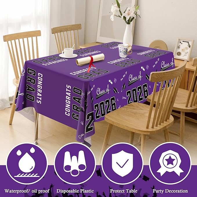 OHOME Graduation Decorations Class of 2026 - Graduation Party Decorations 2026 - Disposable Plastic Purple Tablecloth Banner for Class of 2026 Decorations Party Favors Supplies,54" X 108",2 Pack