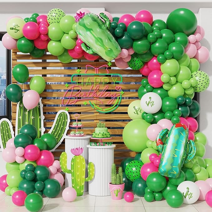 144Pcs Cactus Fiesta Balloon Arch Garland Kit Hot Pink Green Cactus Foil Balloons for Mexican Cactus Taco Birthday Party Summer Jungle Hawaiian Luau Succulent Tropical Party Decorations