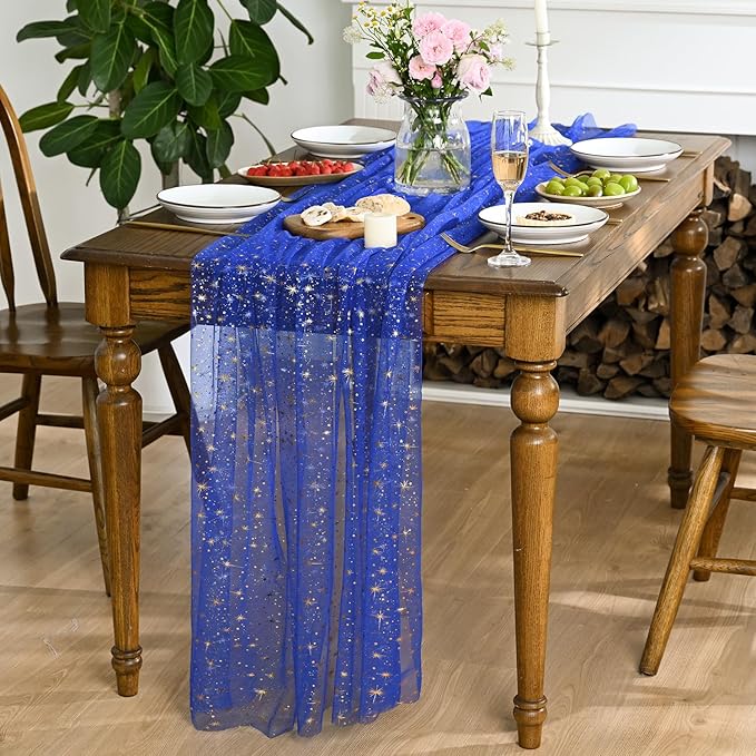 Horaldaily Royal Blue Gold Sparkling Star Gauze Tablecloth 52x70 Inch Rectangular, Golden Star Sequin Glitter Metallic Foil, Sheer Tulle Cheesecloth for Wedding Baby Shower Party