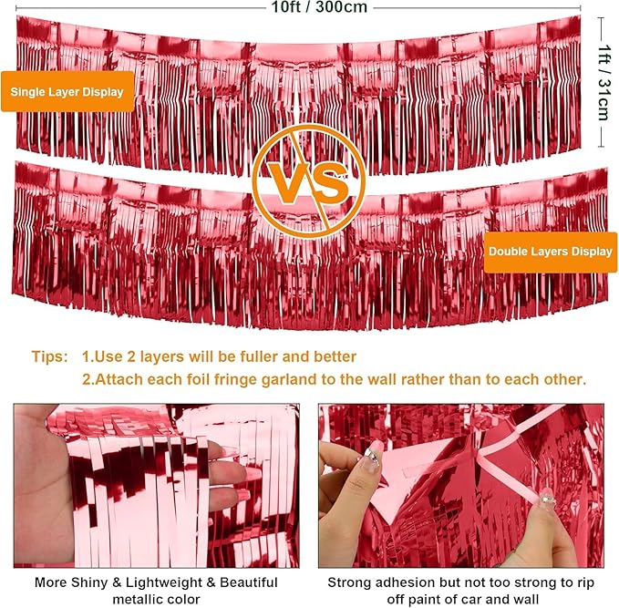6 Pack Foil Fringe Garland, 10 Feet Metallic Foil Tinsel Streamers, Wall Hanging Fringe Curtain Backdrop Tinsel Fringe Banner for Parade Floats, Wedding, Birthday, Christmas Party Decorations