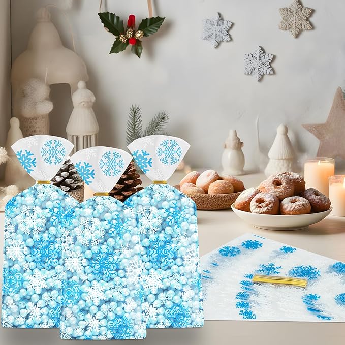 100 Pcs Winter Snowflake Treat Bags - Christmas Gift Bags, Blue White Plastic Snowflakes Cello Candy Goodie Cookie Snack Cellophane Bag with Twist Ties for Xmas Holiday Winter Wonderland Party Favors