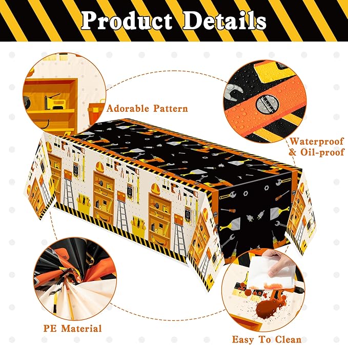 3 Packs Tool Theme Plastic Tablecloths Decoration Waterproof Rectangle Cute Tool TableCover Design with Hard Hat, Nuts, Bolts, Ladders, Spade Patterns for Kids Boys Birthday Party Supplies
