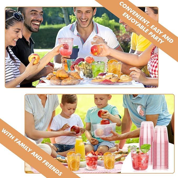 KesaPlan 100 Pcs Pink Plastic Cups, 12oz Disposable Stemless Wine Glasses for Cocktail Cute Clear Cocktail Wine Glasses Pink Party Cups for Valentine's Galentine's Day Wedding Christmas Party