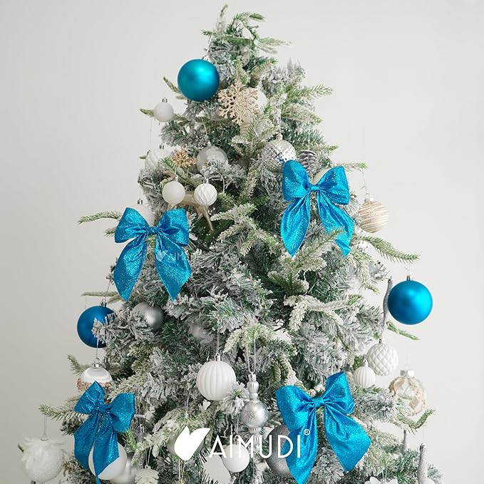 AIMUDI Blue Glitter Wired Ribbon Bows with Twist Tie 5.5" Premade Metallic Christmas Bows for Gift Wrapping, Wreath, Garland, Holiday Crafts Party Home Outdoor Christmas Tree Decorations, 12 PCs