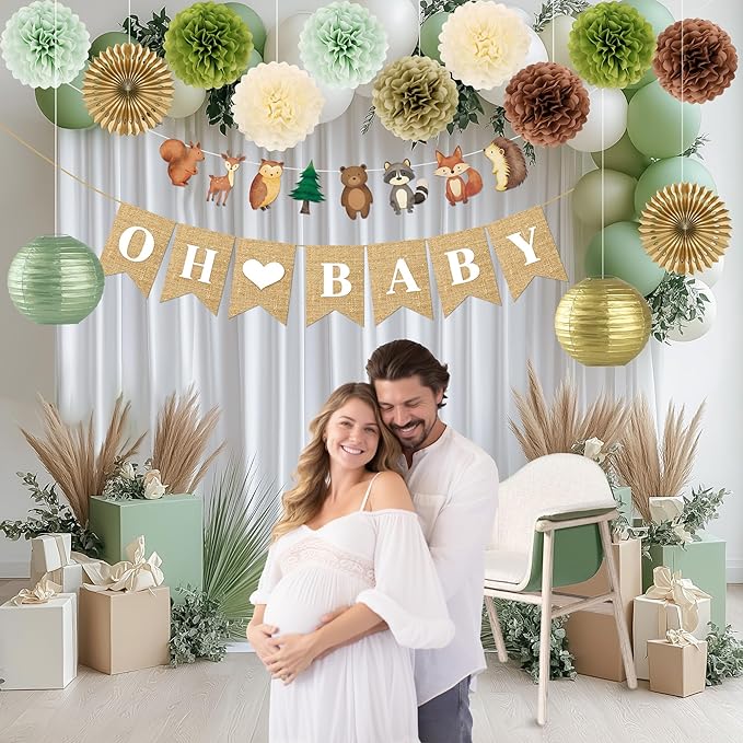 Kriyokiaa Woodland Baby Shower Decorations 15 Pcs Baby Shower Decorations with Oh Baby Banners Paper Lantern Paper Flower Pom Poms