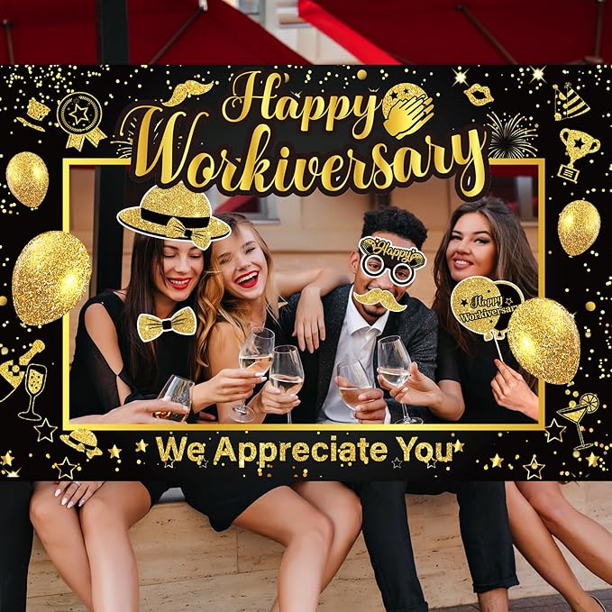 We Appreciate You Thank You Decorations Happy Work Anniversary Decorations Black Gold Selfie Photo Frame & 25pcs Photo Booth Props for Employee Staff Teacher Doctor Graduation Party Decor Supplies