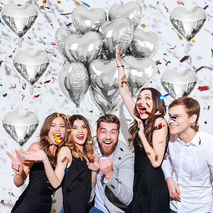 Silver Heart Foil Balloons, 10 Pcs Silver Heart Shape Balloons, 18Inch Metallic Heart Foil Balloon for Birthday Valentine Wedding Baby Shower Bridal Shower Graduation New Year Party Decorations