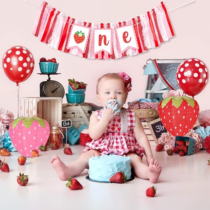 Berry First Birthday High Chair Banner One High Chair Banner Girl Photo Backdrop First Birthday Decorations for Girl Wall Hanging Decorations for Kids Bedroom, Red/Pink