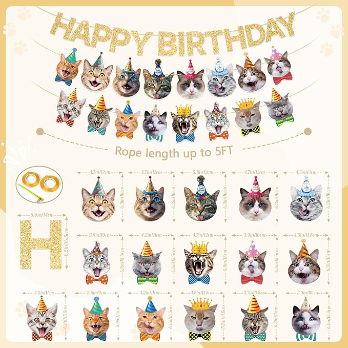 Cat Happy Birthday Banner - Cat Birthday Decorations Party Decor Supplies for Kids, Boys, Girls