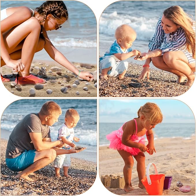 Vodolo 2 PCS Beach Mesh Shovel with 2 PCS Mesh Beach Bag for Filter Sand, Kids Shell Collecting Scooper for Picking Up Shells, Shark Tooth Sifter for Boys and Girls, Beach Toy