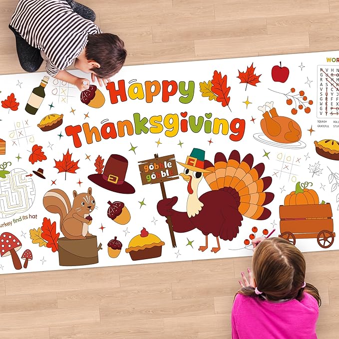 Childom 1 Pack Thanksgiving Coloring Tablecloth for Kids,Thanksgiving Crafts for Kids,30 x 72 Inch Disposable Paper Table Cover,Giant Coloring Poster for Children Gifts Games Activities Holiday Party
