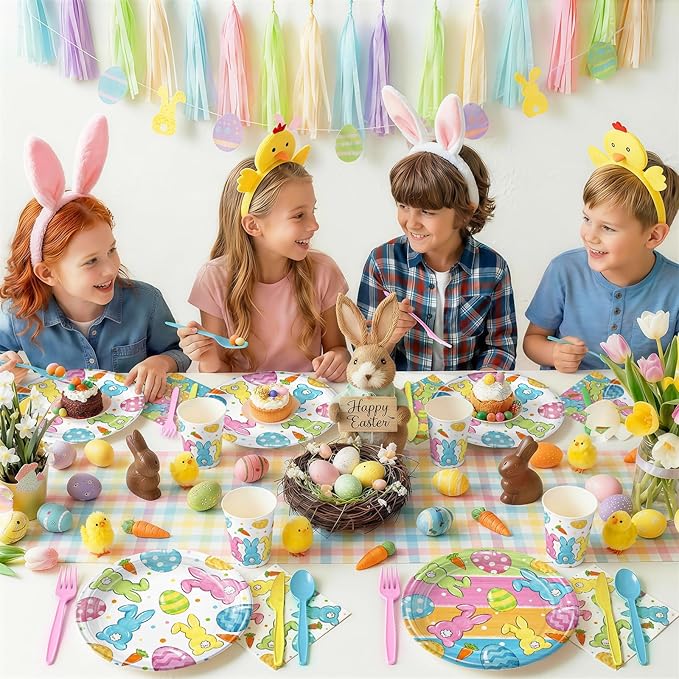 168PCS Easter Party Supplies Watercolor Bunny Carrot Pastel Design Party Decorations Easter Paper Plates Napkins Cups and Forks for Brunch Egg Hunt Spring Holiday Celebrations Serves 24
