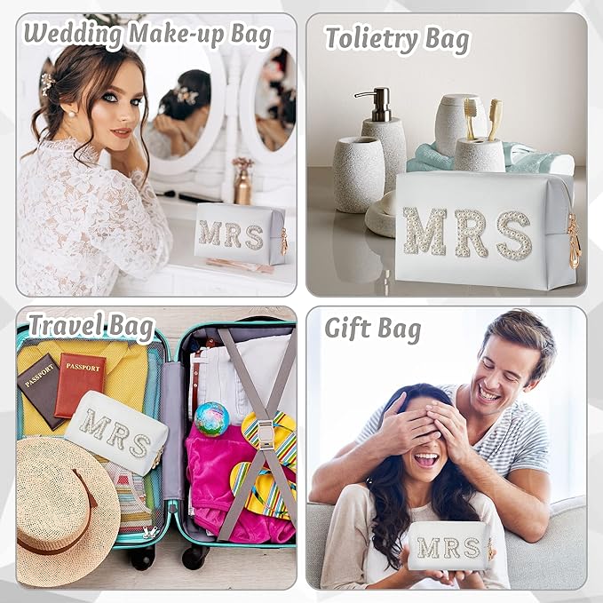 Y1tvei Bride Makeup Bag, Bridal Cosmetic Bag, Fiance Gifts for Women, Engagement Gift Basket for Her Bridal Shower, Mrs Bling Rhinestone Patches Wedding Purse, PU Leather Travel Toiletry Bag