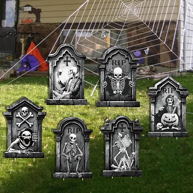 Spooky Halloween Tombstones Yard Signs Decoration, Graveyard Skeletons, 6pcs 11.5“x16.53 Scary Party Decor, Halloween Lawn Stakes Outdoor or Indoor, Waterproof Material
