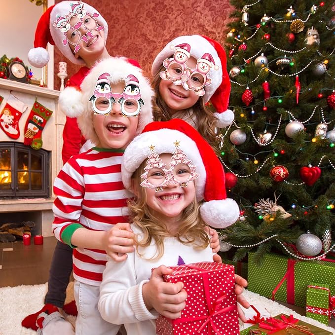 12PCS Christmas Glasses, Pink Christmas Party Paper Glasses Photo Booth Props Holiday Eyeglasses Frames for Xmas Party Supplies Decorations