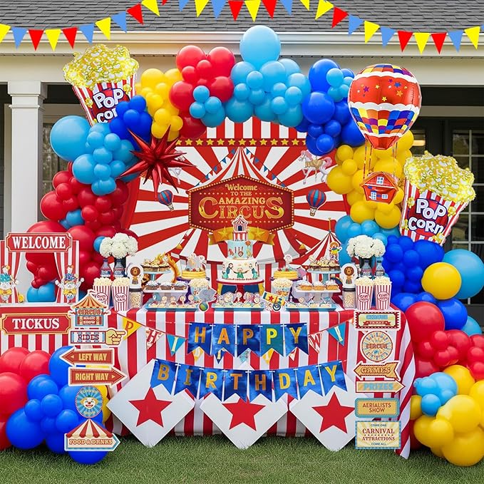 Circus Theme birthday party decorations & include red blue yellow balloon garland & foil hot air popcorn balloons & banner carnival road sign paper card background decor