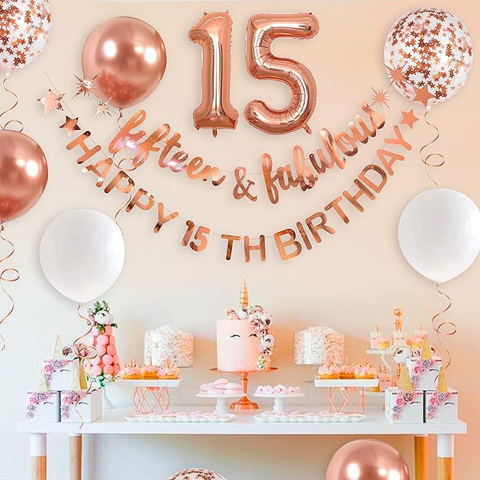 Fifteen & Fabulous Rose Gold 15th Birthday Banner, Garland, Foil Balloon, Decorations, Hanging, Cheers to 15 Years Old Party Supplies Backdrop