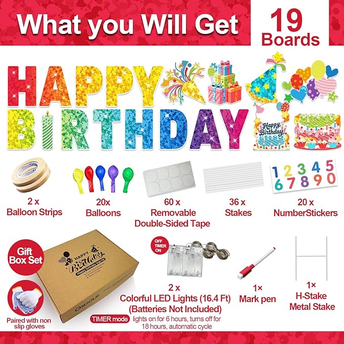 Happy Birthday Yard Sign Outdoor Decorations - 19 PCS Set with 16" Letters, 30" Large Cake Sign on H-Shaped Metal Stand, 32.8 Ft LED Lights & Stakes for Lawn Garden Happy Birthday Yard Sign With Stakes