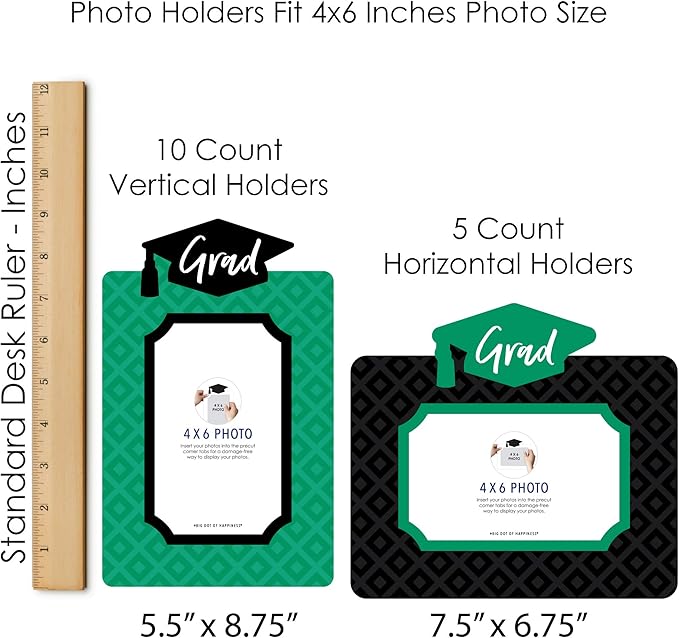 Green Grad Graduation Decoration, Photo Display Centerpiece Kit - 15 Double-Sided Photo Table Topper Sticks, Vertical and Horizontal 4x6 Picture Holders, DIY Party Supply Set