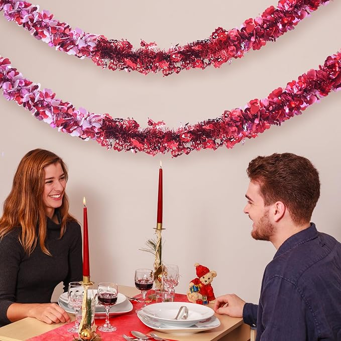 Meag-L Valentines Day Decorations 29.5Ft Heart Tinsel Garland 3PCS Red Pink White Valentines Day Decor Metallic Hanging Wreath Supplies for Home Mantle Tree Indoor Outdoor Wedding Galentines Day