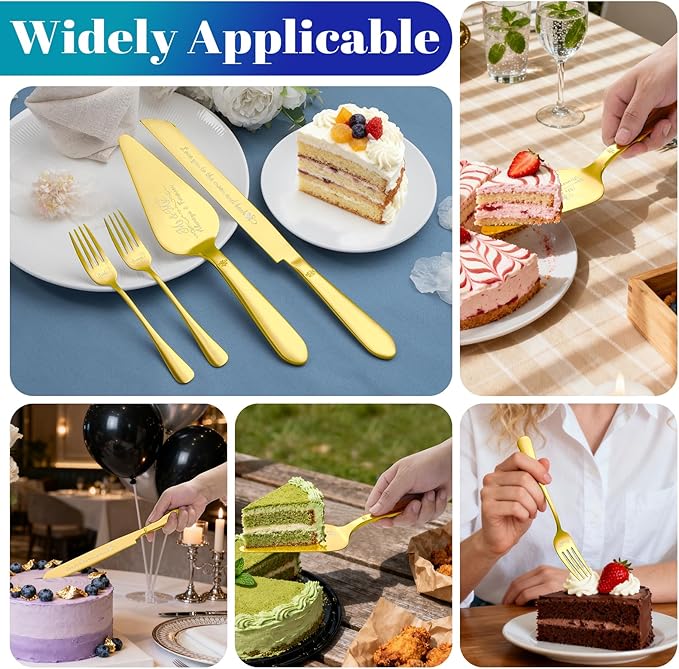 Cake Cutting Set for Wedding, Elegant Cake Knife and Server Set with Stainless Steel Forks, Cake Cutter and Pie Spatula for Engagements, Anniversary, Bride and Groom, 4Pcs, Gold