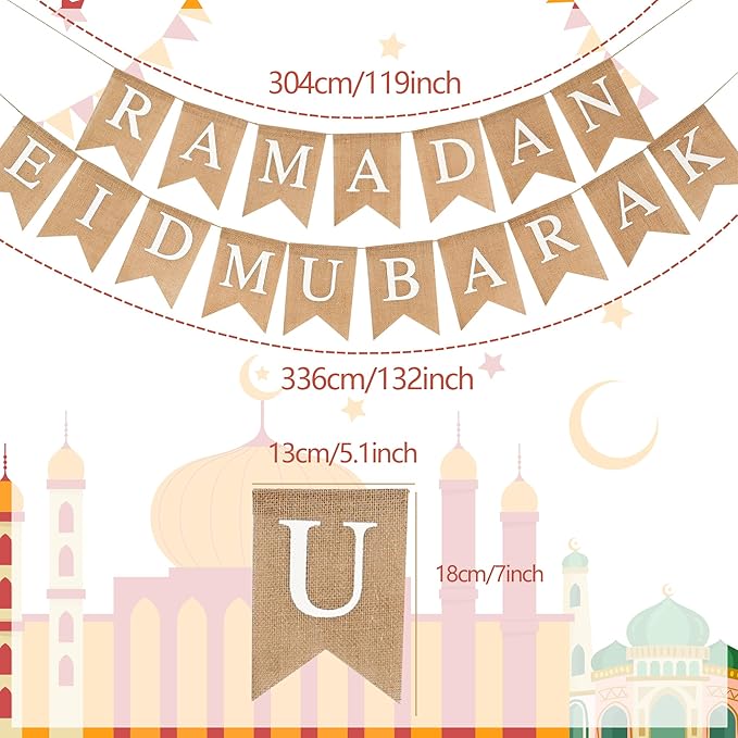Ramadan Eid Mubarak Burlap Banner Muslim Fireplace Mantel Decoration Pre-Strung Ramadan Bunting for Wall Porch Party Indoor Outdoor Decor