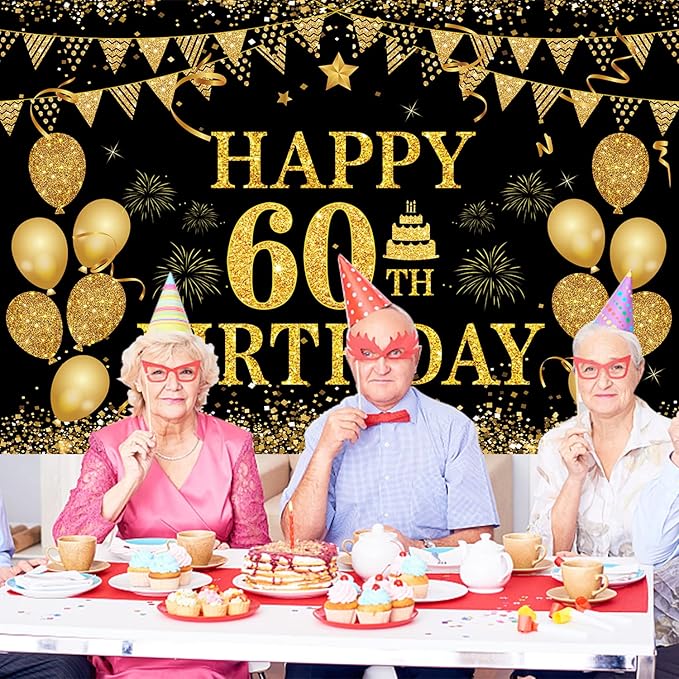 60th Birthday Banner - Black & Gold - 71 x 45 Inch - Happy 60th Birthday Decor