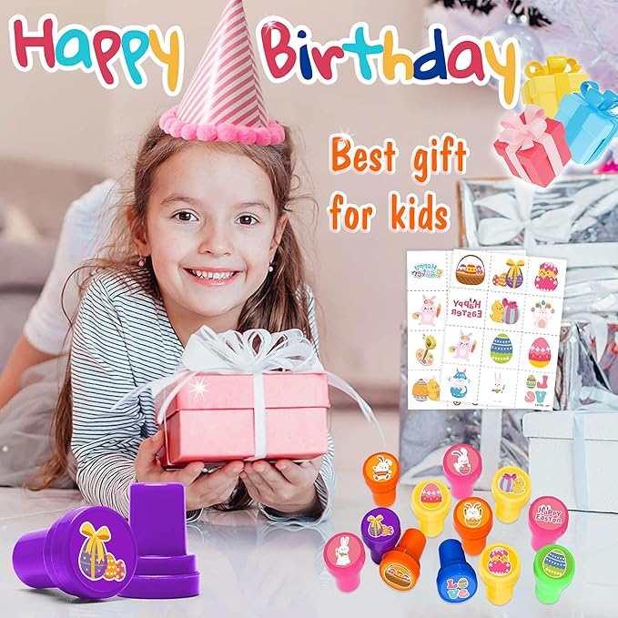 36PCS Easter Party Favors - 24PCS Pre-Cut Temporary Tattoos & 12PCS Stamps - Ideal Spring Egg Themed Birthday Card Decorations Supplies Goodie Bag Cute Rewards for Boys Girls Classroom Gifts Prizes