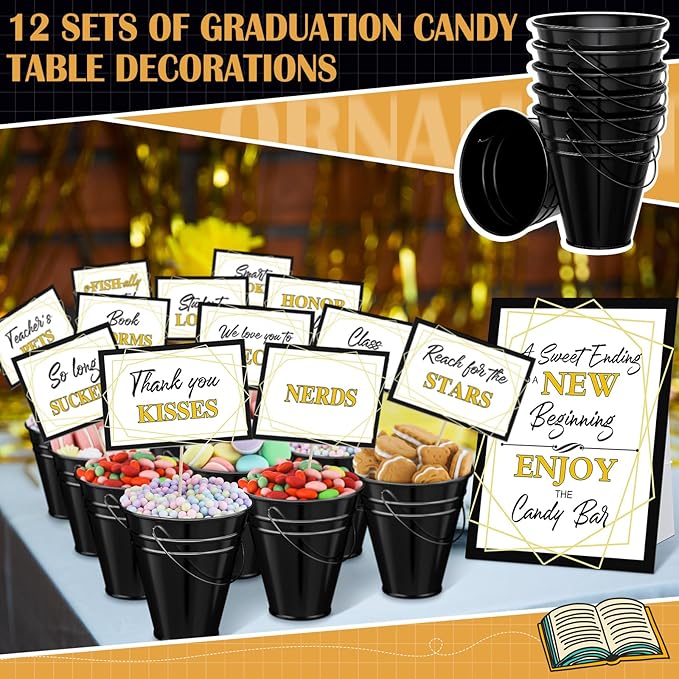 12 Set 2026 Graduation Candy Buffet Party Decoration Graduation Table Candy Bar Snack Labels Signs and 5'' Buckets with Handle for Class of 2026 Party Parties Supplies(Striped Style,Black)