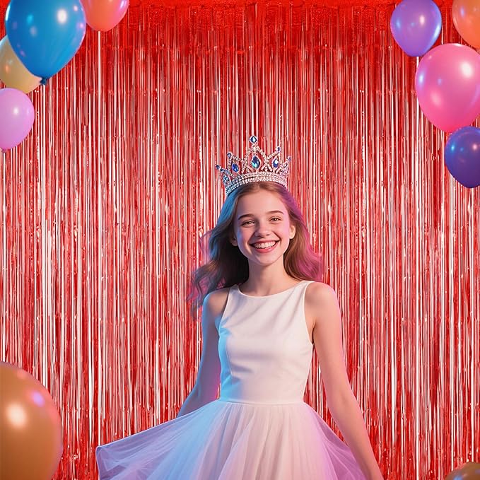 Red Foil Curtains for Birthday Parties, 3.28 x 6.56ft Shiny Metallic Tinsel Backdrop with Fringe | Easy to Hang, Reusable Party Supplies for Home, Stage, Photo Booth