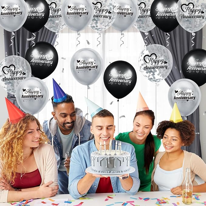 Happy Anniversary Balloons 18Pcs Black Silver Party Decorations for Women Men 12Inch Metallic Confetti Balloons for Indoor Outdoor Party Supplies