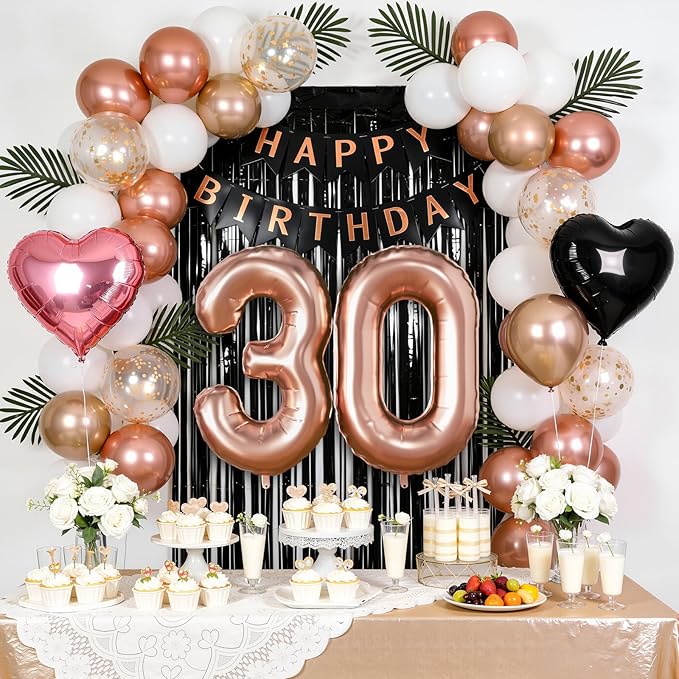 30th Birthday Decorations for Women - Rose Gold, Black and Hot Pink Party Supplies Set with Happy 30th Banner, Number 30 Balloons and Foil Fringe Curtains - 30 Year Old Celebration Kit