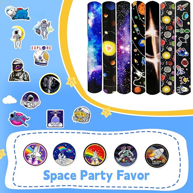 74PCS Space Slap Bracelets&Stickers Outer Space Theme 24PCS Slap Bracelets 50PCS Stickers Party Favors Basket Bag Filler School Prizes Gifts Party Favors Bulk