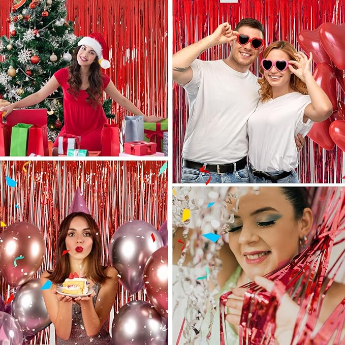 Valentines Day Decorations - Red Tinsel Backdrop Galentines Day Decorations 3.3x8.2ft, 2 Pack Foil Fringe Curtains Photo Booth Props for Birthday Party, Red Streamer Backdrop for Christmas