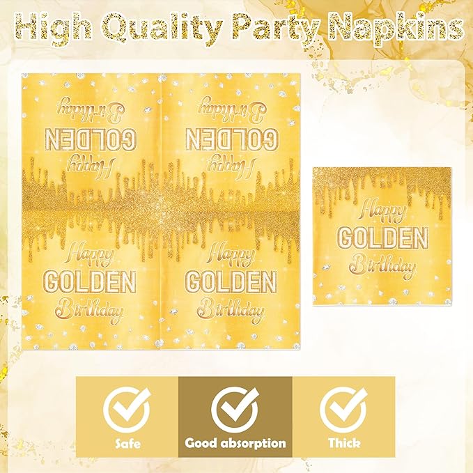 Happy Golden Birthday Gold Glitter Golden Diamond Party Plates Supplies - Serves 24-96Pcs Party Tableware Decorations Disposable Paper Plates Napkins Forks for Birthday Anniversary