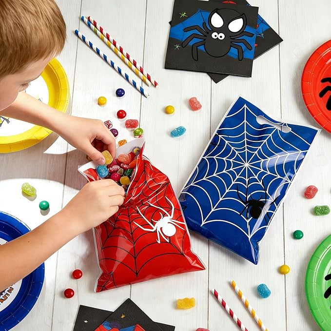 Xyinxy 40Pcs Spider Web Party Favor Bags, Red & Blue Cartoon Plastic Goodie Candy Bags for Party Supplies, Spider Treat Cookie Gift Bags with Handles for Birthday Party Theme