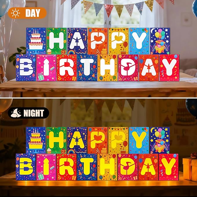 Birthday Decorations,15 PCS Happy Birthday Light-Up Paper Boxes - Reusable Cardboard Party Decor for Kids & Adults, Perfect for Birthday Parties, ndoor & Outdoor Celebrations