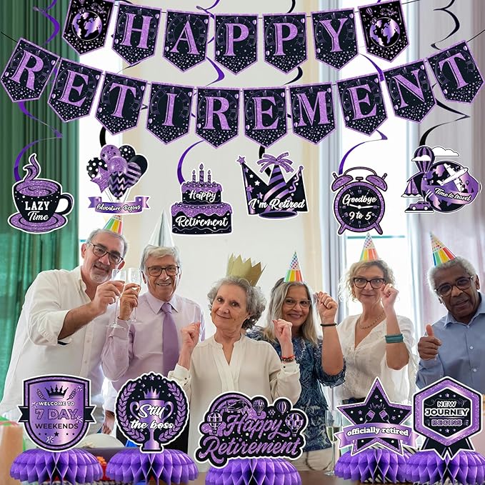 12Pcs Retirement Party Decorations for Men Women Purple Black Happy Retirement Banner Honeycomb Centerpiece Swirls Party Supplies Retired Farewell Party Set Work Graduation Party Decorations