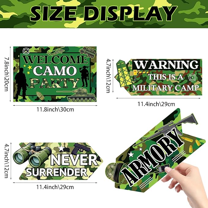 Hooqict 20 Pieces Camo Party Signs Army Birthday Party Decorations Camouflage Military Birthday Party Supplies for Boys Men Army Themed Directional Sign