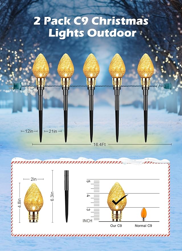 Brightown 2 Pack Strawberry C9 Christmas Pathway Lights Outdoor - Total 34.8 FT 20 LED Christmas Walkway Light, Connectable C9 Pathway Light, Christmas Decorations for Outdoor Yard Lawn, Warm White