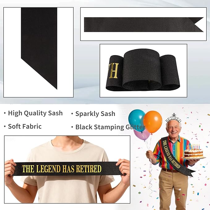 Retirement Crown Headband & Sash Set - The Legend Has Retired Retirement Party Decorations for Women Men Retirement Gifts for Women Men Retirement Party Supplies Black Glitter
