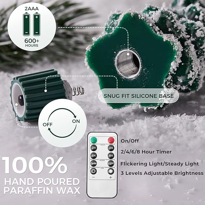 4 PCS Flameless Christmas Tree Candles with Remote, Snow Covered Real Wax Flameless Taper Candles 9.65 Inch, LED Candlesticks Battery Operated with 3D Flickering Flame, Christmas Candles Decor