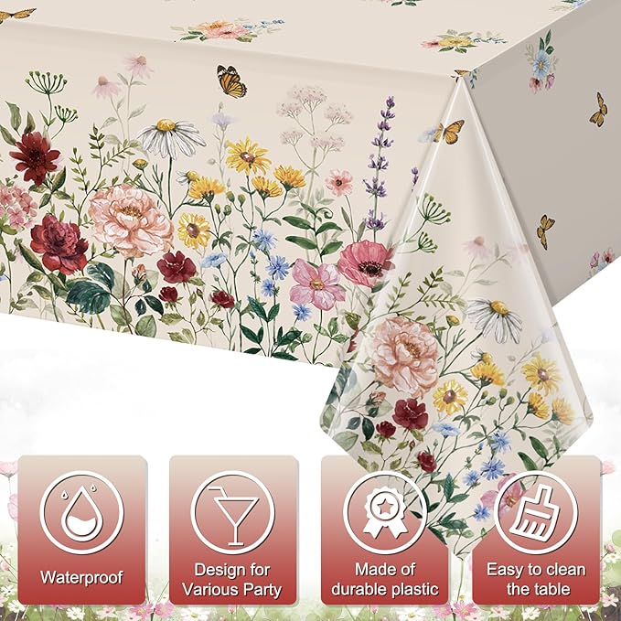 24 Pcs Spring Floral Tablecloth, Butterfly Wildflower Plastic Disposable Tablecloth Rectangle Table Covers for Easter, Birthday, Wedding, Mothers Day Tea Party Supplies and Decorations,54 x 108 Inch