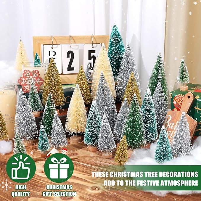 30Pcs Mini Christmas Trees Artificial Christmas Tree Bottle Brush Trees with Wooden Base for Decor Christmas Party Home Table Craft Decorations(Multicolor)