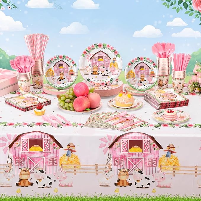 Ceenna 452 Pcs Pink Farm Animal Birthday Party Decoration for 50 Guest, Pink Farm Barnyard Paper Plates Napkins Cups Tablecloth Cutlery Straw for Baa Moo Im Two Birthday Baby Shower Party Supply