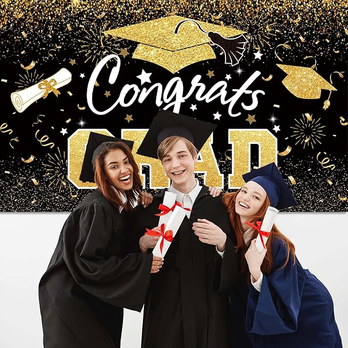 Graduation Party Decorations - Black Gold Congrats Grad Class of 2026 Backdrop Banner Large Sign Wall Decorations Photography Background Party Supplies for 2026 Graduation Party Decorations