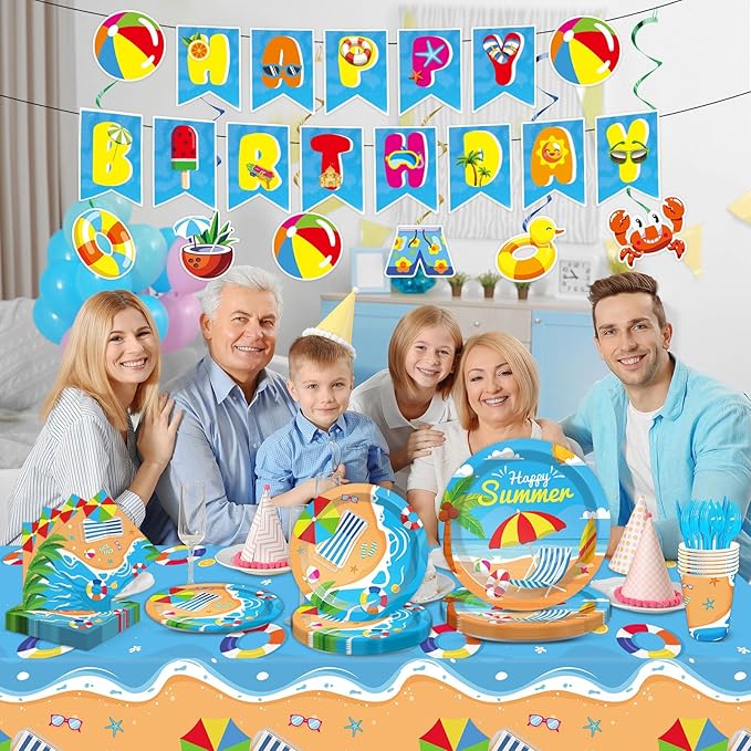 Qyeahkj 184 Pcs Beach Party Supplies Plates Napkins Set Includes Summer Plates Napkins Cups Tablecloth Swirls Banner Tableware Kit Beach Hawaiian Pool Birthday Decorations Favors for Kids, Serve 25