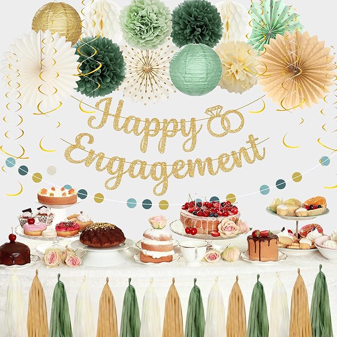 Roetyce Engagement Party Decorations, Green and Gold Glitter Happy Engagement Banner, Almost Married/Just Engaged Photo Background, Sage Green Congratulations Wedding Bachelorette Backdrop Decor