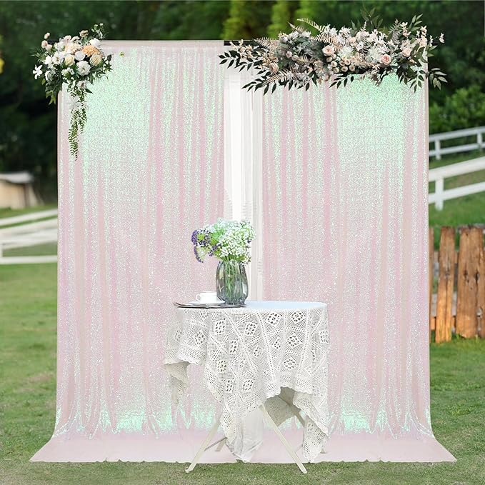 PartyDelight Iridescent White Sequin Backdrop 5x10ft 2 Panels - High Density 3mm Shimmer Sequin Background with 4-Inch Rod Pocket, Sparkly Photography Curtain for Wedding, Stage & Event Decor